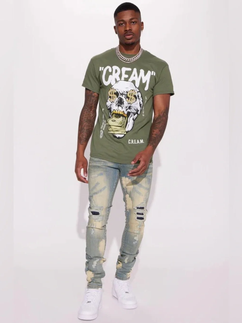 •C.R.E.A.M• Skull Graphic Tee Olive Green | Money Cash Streetwear T-Shirt - Picture 3 of 3